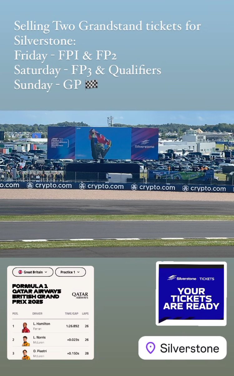 ArunMattu's tweet photo. Selling Two Grandstand tickets for #Silverstone:
Friday - FPI &amp; FP2
Saturday - FP3 &amp; Qualifiers
Sunday - GP 🏎️🏁
#SilverstoneGP #f1 https://t.co/BfOebCzbtN
