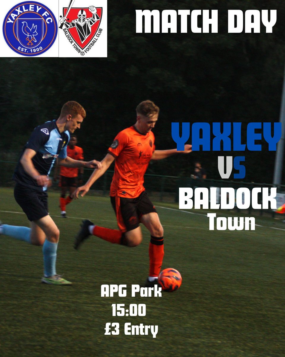 Yaxley Football Club (@yaxleyfootball) on Twitter photo IT'S MATCHDAY!
We face <a href="/baldocktownfc/">Baldock Town FC</a> at APG Park for a 3pm kick off. The bar will be open and food will be available, tickets are just £3! IT'S MATCHDAY!
We face <a href="/baldocktownfc/">Baldock Town FC</a> at APG Park for a 3pm kick off. The bar will be open and food will be available, tickets are just £3!