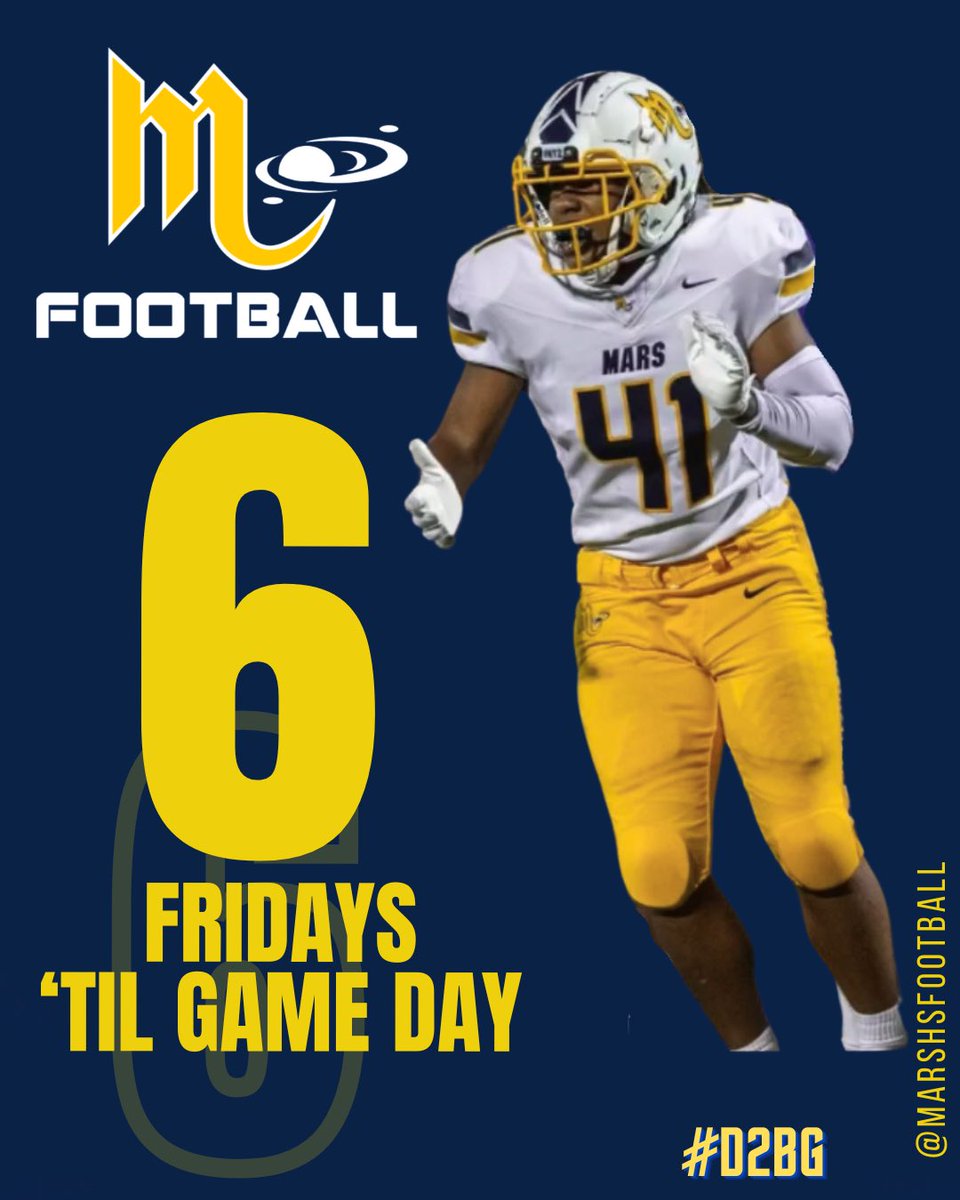 Mars HS Football (@marshsfootball) on Twitter photo Counting down to Greatness!!
Just 6 more Fridays without Football and then on Aug. 22nd it's #FridayNightLights
#D2BG ๐ฝ๐๐ช
<a href="/MarsAreaSD/">Mars Area SD</a> <a href="/MASDFP/">Mars Area Athletic Department</a> Counting down to Greatness!!
Just 6 more Fridays without Football and then on Aug. 22nd it's #FridayNightLights
#D2BG ๐ฝ๐๐ช
<a href="/MarsAreaSD/">Mars Area SD</a> <a href="/MASDFP/">Mars Area Athletic Department</a>