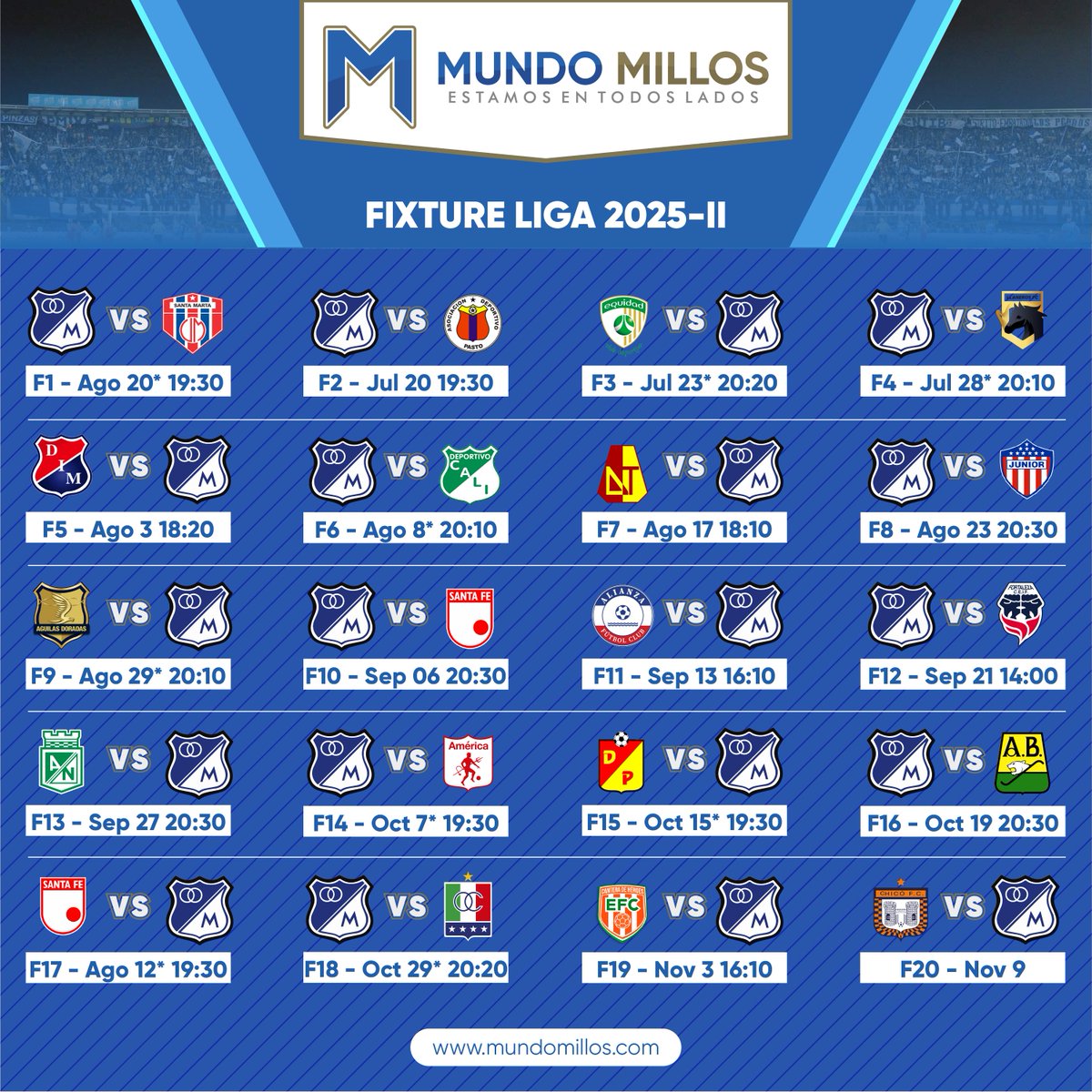 MundoMillos's tweet image. #CALENDARIO A petición del público, les dejamos el calendario de Millonarios para el todos contra todos del Finalización con las fechas y horas confirmadas hoy por Dimayor.
La información actualizada en tiempo real siempre está aquí mundomillos.com/partidos/
#EstamosEnTodosLados