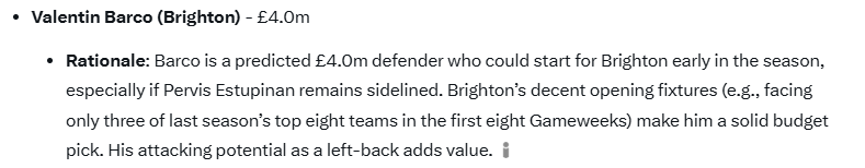 I asked Grok to draft me a GW1 FPL team which included a defender who was predicted to cost £4m.

Looks like it took inspiration from many of the "experts" from last season (below).