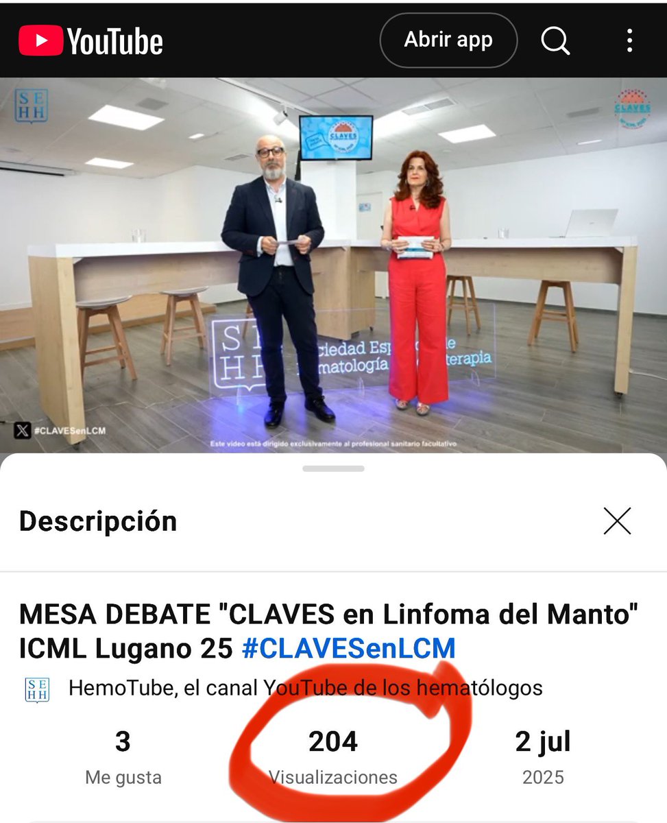 ¡Ya van ➕2️⃣0️⃣0️⃣ visualizaciones de la Mesa Debate 📺 “Las Claves en #Linfoma de Células del Manto” en menos de 48 horas! 

¿Te lo vas a perder? 

Conéctate a través de este link 🔗: 

youtube.com/live/TuDeJE-WL…

#hematología 🩸 #lymsm <a href="/sehh_es/">@sehh_es</a>