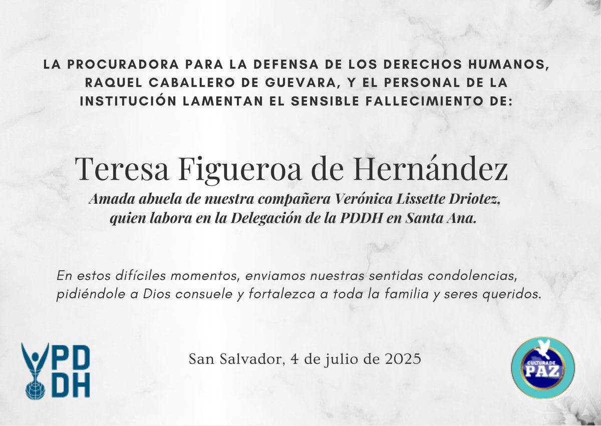 PDDHElSalvador's tweet photo. La #ProcuradoraDDHH @RaqueldeGuevara lamenta el sensible fallecimiento de la señora Teresa Figueroa de Hernández. https://t.co/afkeBNG7Tm