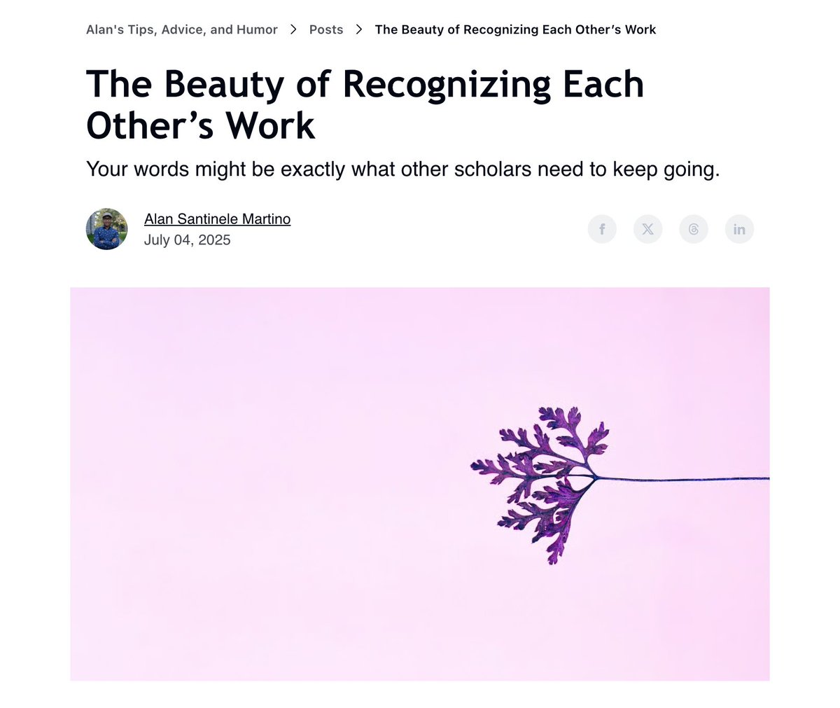 A short email saying “I loved your piece” can mean more than you think. In academia, small acts of recognition go a long way. Tell people when their work moves you. It might make their day—and yours. The Beauty of Recognizing Each Other’s Work alans-newsletter-844318.beehiiv.com/p/the-beauty-o…