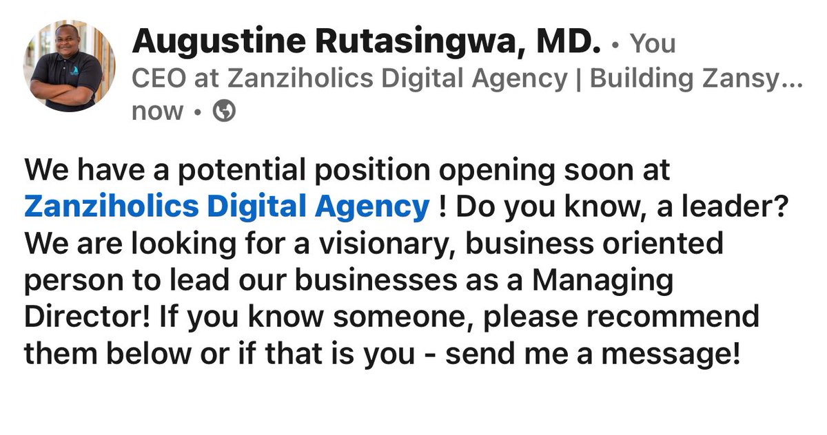 daktarimtalii's tweet image. Potential Opening - Managing Director at @zanziholics . Recommend someone or yourself below! 📌 #Marketing #Travel #Tourism #Consultancy #Leadership