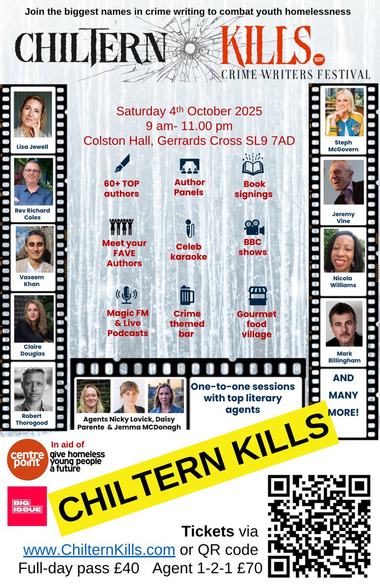 ChilternKills's tweet image. Tickets open via ChilternKills.com for @ChilternKills crime & thriller fest on 4 Oct Gerrards Cross in aid of @centrepointuk & @BigIssue. Hear & meet top authors inc @lisajewelluk @RevRichardColes @VaseemKhanUK @Dougieclaire @stephlunch @thejeremyvine @MarkBillingham