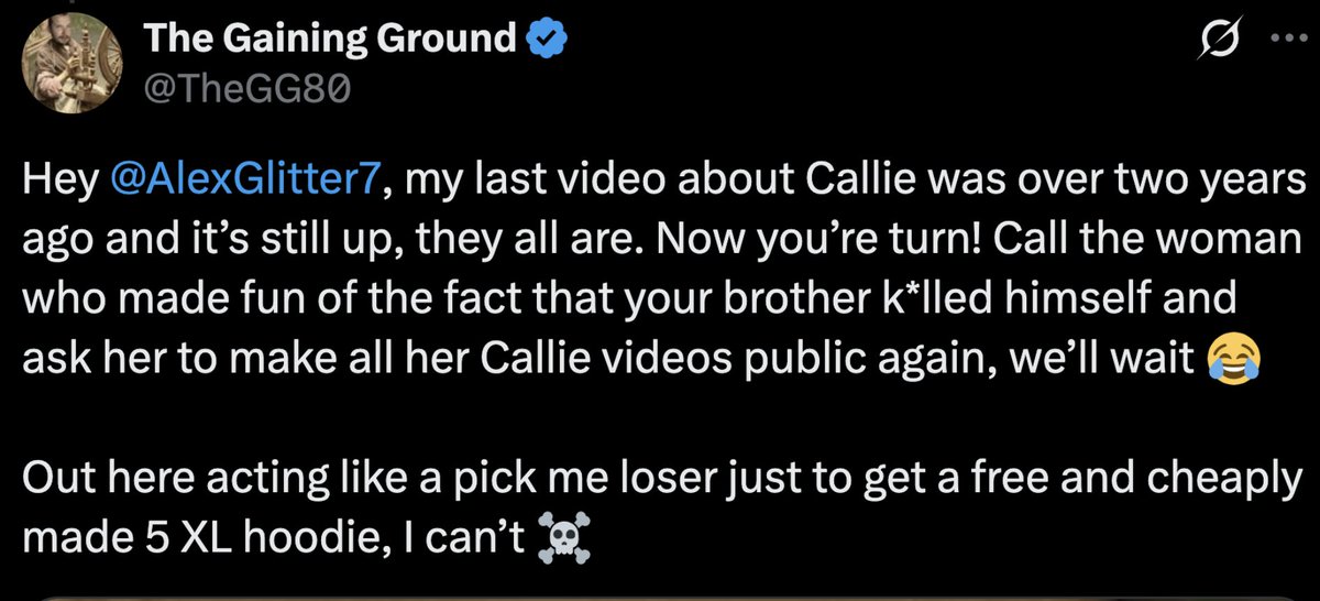 Here's The Gaining Ground using Alex Glitter's deceased brother as a "gotcha" in his internet slap fight. So weird how this is OK for him to do while suing someone else for "defamation." Like, I wonder how that squares logically in his mind.