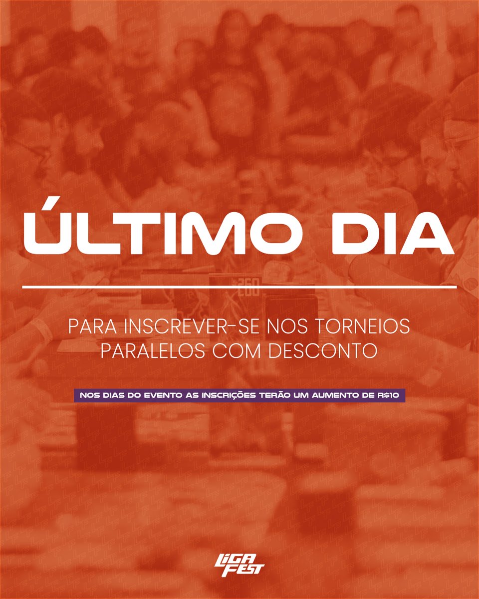 ATENÇÃO ATENÇÃO!

Vai participar de algum torneio paralelo? Já faça sua inscrição hoje para garantir seu desconto!

A partir de amanhã todos paralelos terão um aumento de R$10,00.

#LigaFest