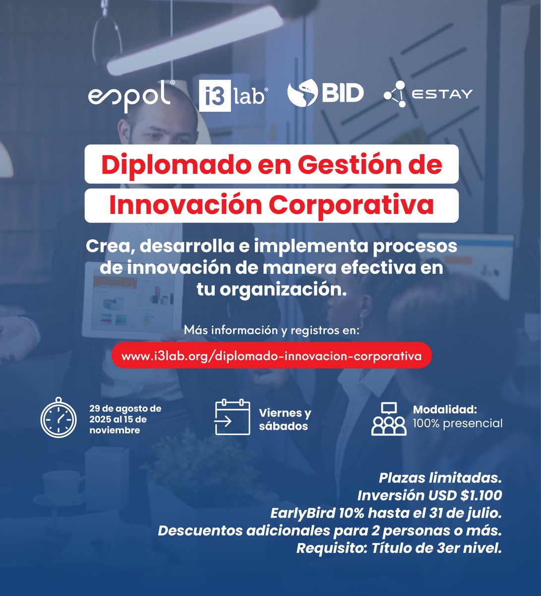 Innovar sin método es improvisar. ¿Tu organización siente que prueba mucho y concreta poco?

En Guayaquil te damos las herramientas para gestionar la innovación con resultados. 

Regístrate ➡️ i3lab.org/diplomado-inno…

#InnovacionEmpresarial

<a href="/espol/">ESPOL</a> <a href="/EstayConsulting/">EstayConsulting</a> <a href="/ch_estay/">Christian A. Estay-Niculcar</a>