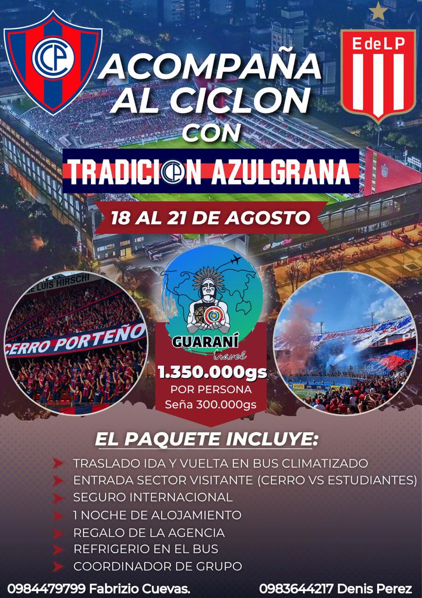 Fabri Cuevas Hicks (@fabri_ch) on Twitter photo ESTUDIANTES VS CERRO PORTEÑO
NO TE QUEDES SIN TU LUGAR Y RESERVA YA, la mejor experiencia detrás del ciclón de Barrio Obrero lo vivis con la familia de Tradición Azulgrana 👏🏻👏🏻 <a href="/Danymacica/">𝓓𝓪𝓷𝓲𝓮𝓵 𝓜𝓪𝓬𝓲𝓮𝓵 𝓒. 🇵🇾</a> <a href="/Cerroite/">Cerroite</a> <a href="/CCP1912oficial/">Club Cerro Porteño</a> <a href="/soycerro1912/">SoyCerro1912</a> ESTUDIANTES VS CERRO PORTEÑO
NO TE QUEDES SIN TU LUGAR Y RESERVA YA, la mejor experiencia detrás del ciclón de Barrio Obrero lo vivis con la familia de Tradición Azulgrana 👏🏻👏🏻 <a href="/Danymacica/">𝓓𝓪𝓷𝓲𝓮𝓵 𝓜𝓪𝓬𝓲𝓮𝓵 𝓒. 🇵🇾</a> <a href="/Cerroite/">Cerroite</a> <a href="/CCP1912oficial/">Club Cerro Porteño</a> <a href="/soycerro1912/">SoyCerro1912</a>