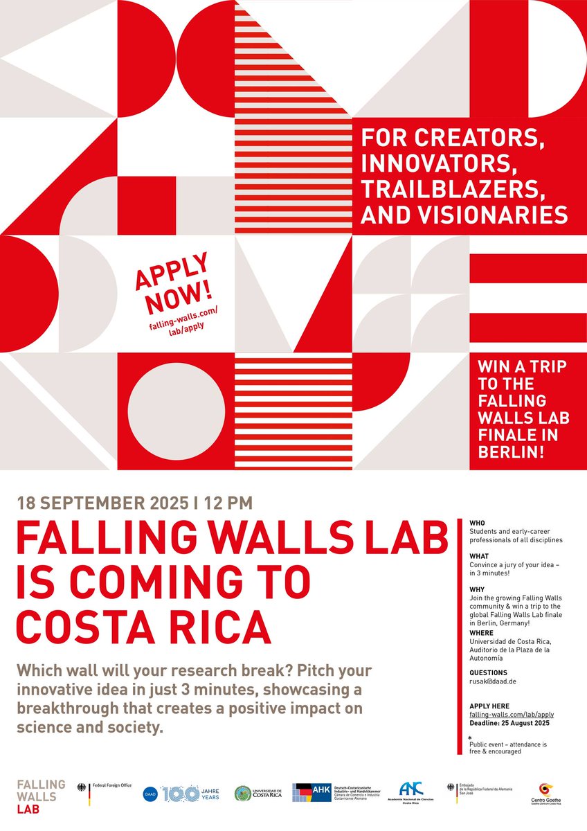 👉 Participa en el Falling Walls Lab Costa Rica 2025, una plataforma que busca destacar ideas innovadoras y proyectos de impacto en ciencia, emprendimiento, educación y sostenibilidad.

Consulta más información en ▶ falling-walls.com/falling-walls-…
📅 Fecha límite para postular: 25 de