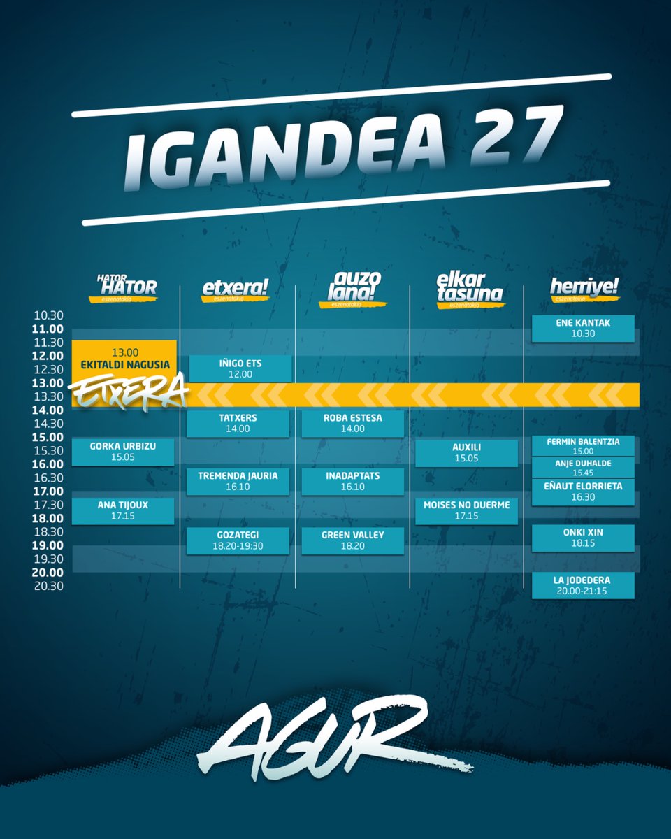 🚨Hainbeste eskatu duzue eta hemen daude! Hatortxu Rock 30eko kontertuen ordutegiak! 

✍🏻 Zuen krokisak egiteko prest? 🥹🤣

‼️ Eta ez ahaztu. Sarrera eskuratu ez baduzu, oraindik garazi zaude → 🎫 hatortxurock.eus/sarrerak

#htx30 #musika #elkartasuna #auzolana