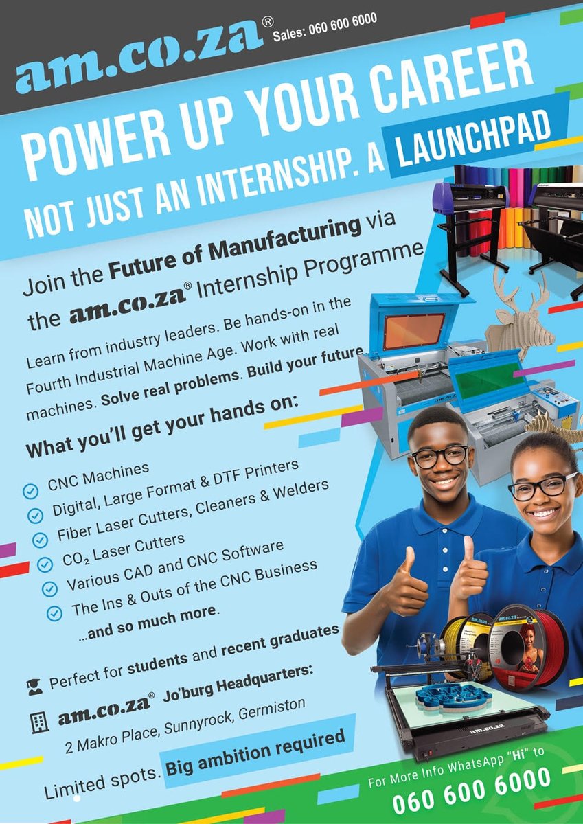 Eric Yin (@eric7q) on Twitter photo SETA-funded internship available at our company in East Rand for IT and Engineering degree students (2+ years) or graduates. Driver's license required.
Email academic results and CV to internship@am.co.za. SETA-funded internship available at our company in East Rand for IT and Engineering degree students (2+ years) or graduates. Driver's license required.
Email academic results and CV to internship@am.co.za.