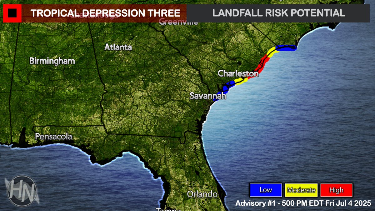 Here is the landfall risk of Tropical Depression #Three, the depression is forecast to become a tropical storm prior to landfall along the South Carolina coast early Sunday.  Tropical storm watches and warnings are forthcoming for this region.  #SCwx #03L