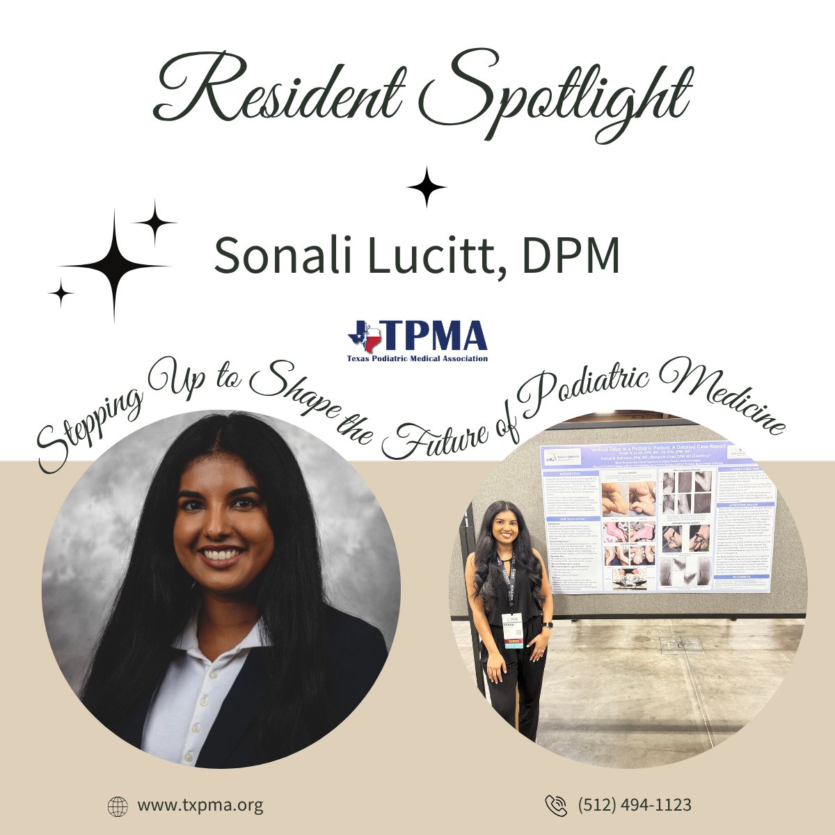 TPMAtweets's tweet image. 🎓 Resident Spotlight: Sonali Lucitt, DPM — BSW grad heading to group practice in Boston, MA! 🦶 Faves: Peroneal tendon &amp;amp; Kidner | 💬 Best memory: Residency conferences | 👀 Tip: Prioritize work-life balance! Great job! 🙌 #ResidentSpotlight #TPMA #DPM