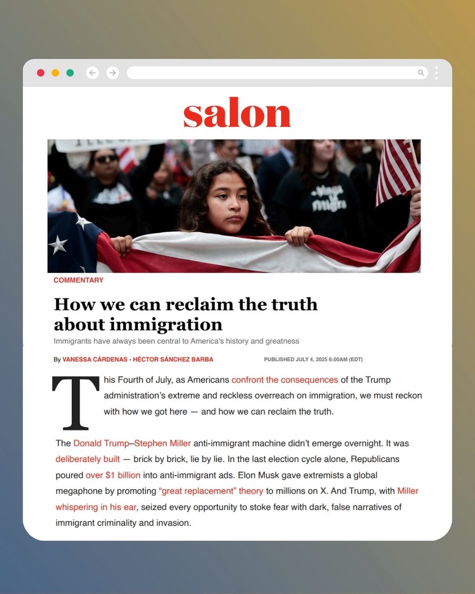 MiFamiliaVota's tweet image. On this 4th of July, Hector Sanchez Barba, President and CEO for MFV and Vanessa Cardenas, Executive Director for @Americasvoice urge us to reclaim the truth about immigration and reject the lies driving hate.
Read the full op-ed here: loom.ly/BUTnxZI