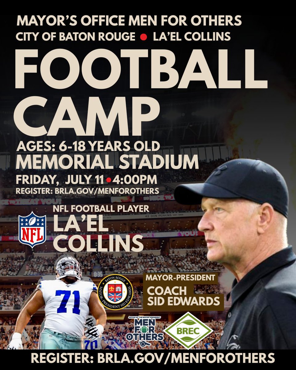 Men for Others is a leadership and community engagement initiative for high school athletes in Baton Rouge. This program empowers young men to serve as positive role models by combining athletic discipline with civic responsibility.
Register: eventbrite.com/e/football-cam…
