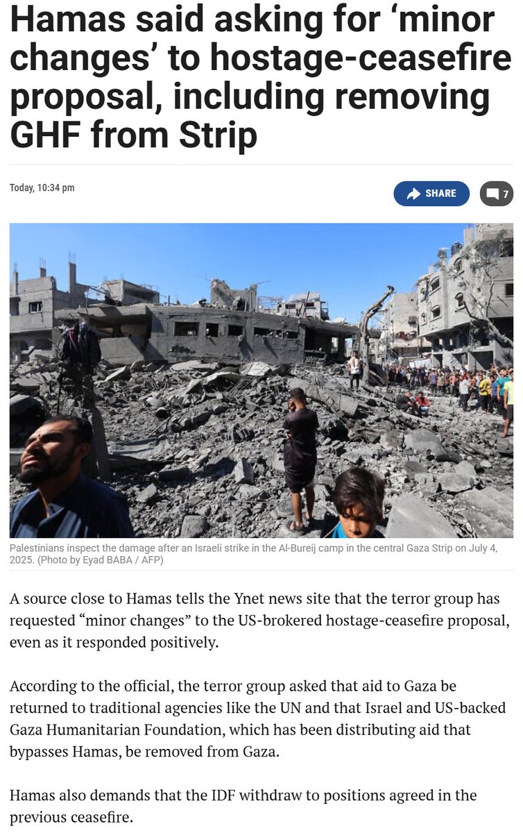 Do not be misled by reports Hamas has accepted the ceasefire. They have not.

They are demanding changes including withdrawals of the IDF, they are demanding the end to the effective aid distribution system setup by the USA which bypasses Hamas stealing all the Palestinian aid.