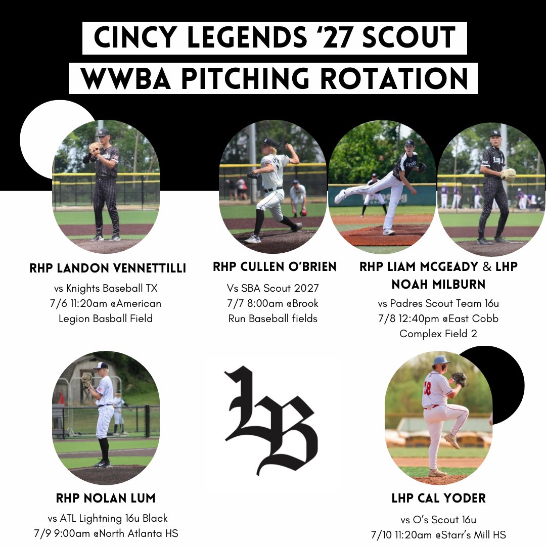 Correction the following is our pitching rotation for the PG WWBA in Marietta, GA
7/6-7/13

Game 1 - RHP Landon Vennettilli

Game 2 - RHP Cullen O’Brien

Game 3 -  RHP Liam McGeady/LHP Noah Milburn in relief 

Game 4 - RHP Nolan Lum

Game 5 - LHP Cal Yoder

Bracket- TBD