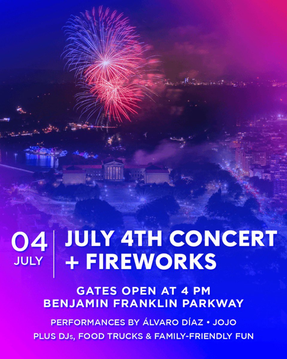 July4thPhilly's tweet image. The @Wawa Welcome America July 4th Concert + Fireworks will feature performances by Alvaro Diaz, JoJo, as well as Mr Hollywood DJ, and DJGhost & Friends.
Fireworks will launch after dark, at approximately 9 PM. See you on the parkway, Philly!