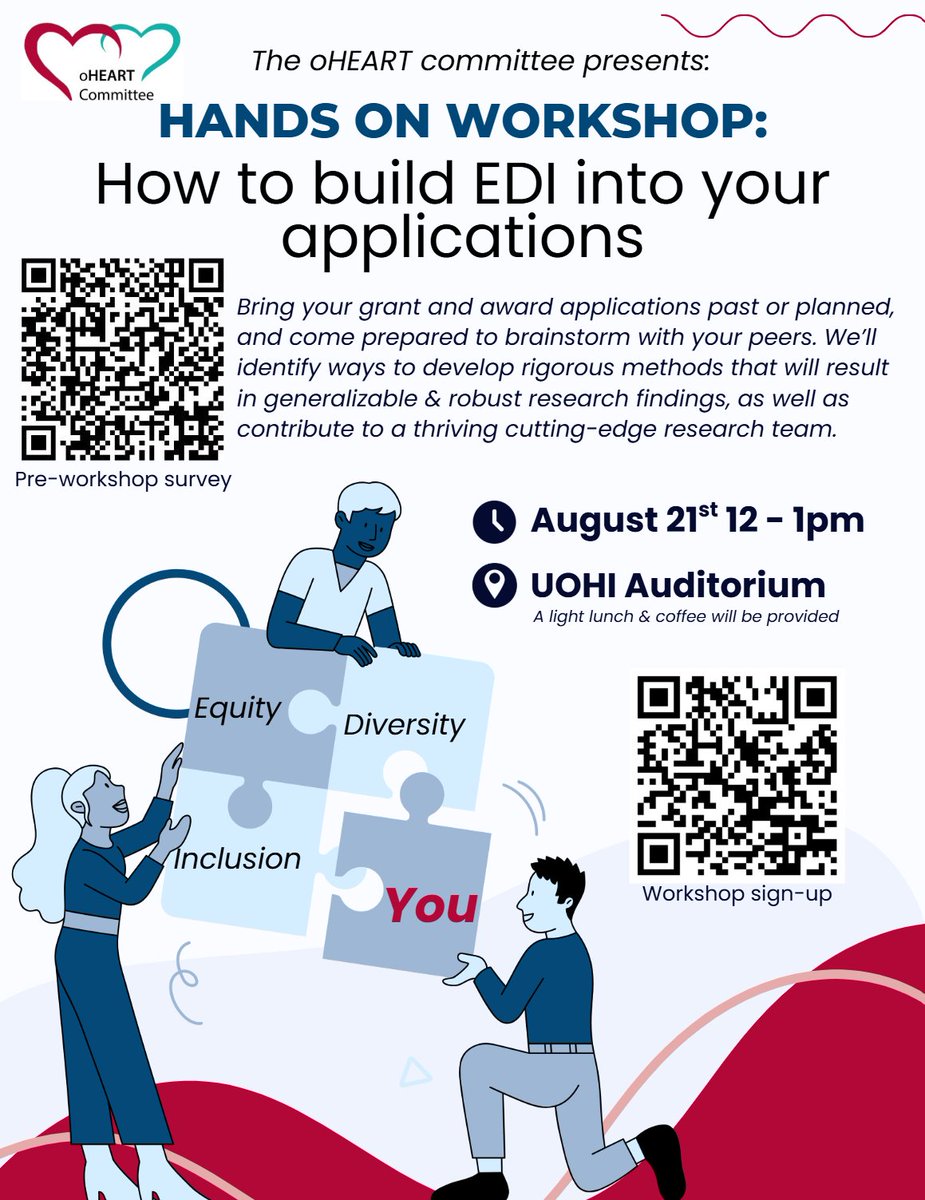 🎉The moment you’ve all been waiting for... our Hands-On Workshop: How to Build EDI into Your Applications has been rescheduled! 🎉

🗓 August 21st | 12–1 PM | UOHI Auditorium

Bring your grant or award applications &amp; get ready to brainstorm with peers on how to meaningfully