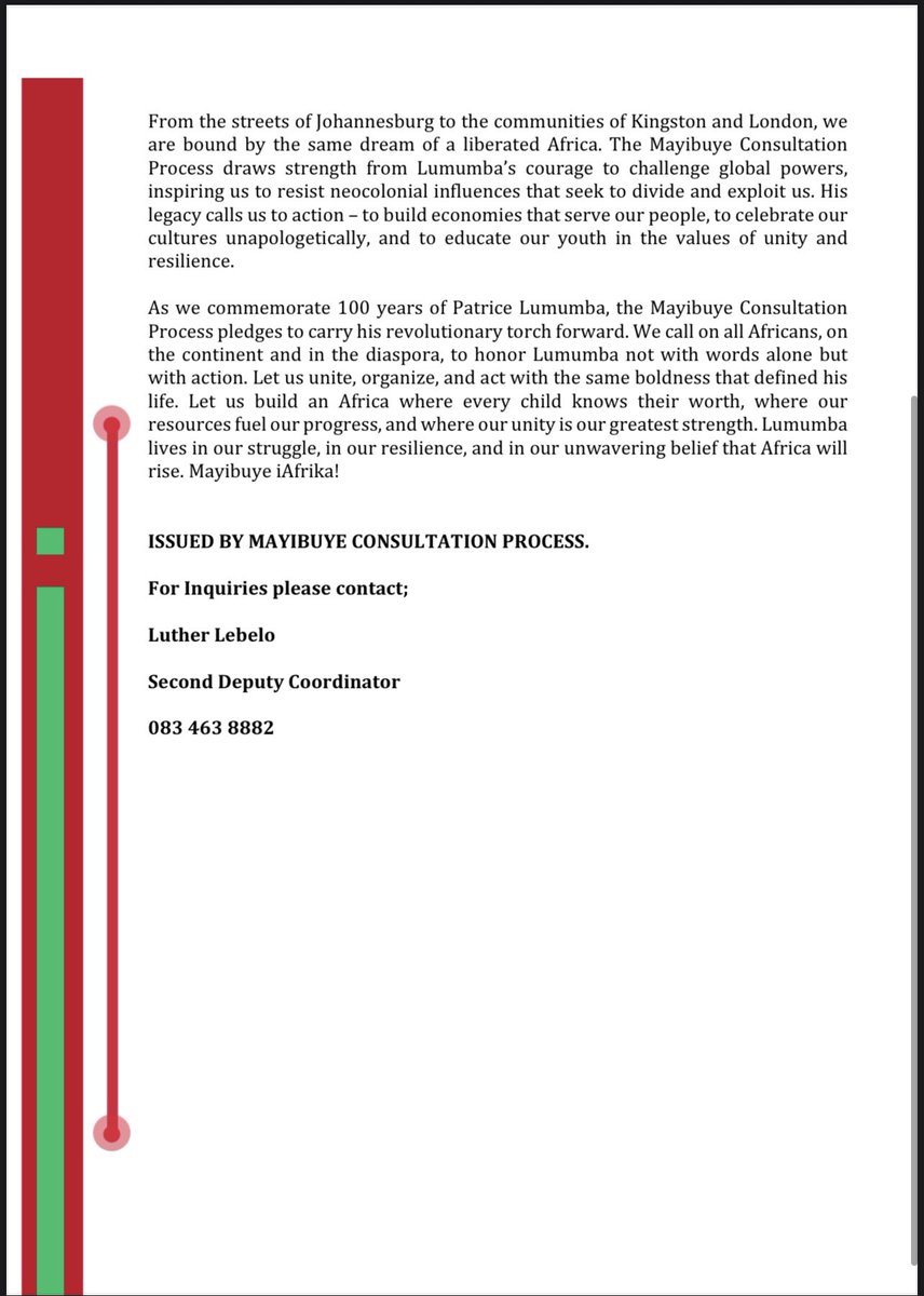 Mayibuye Consultation Process on the 100th Anniversary of Patrice Lumumba!