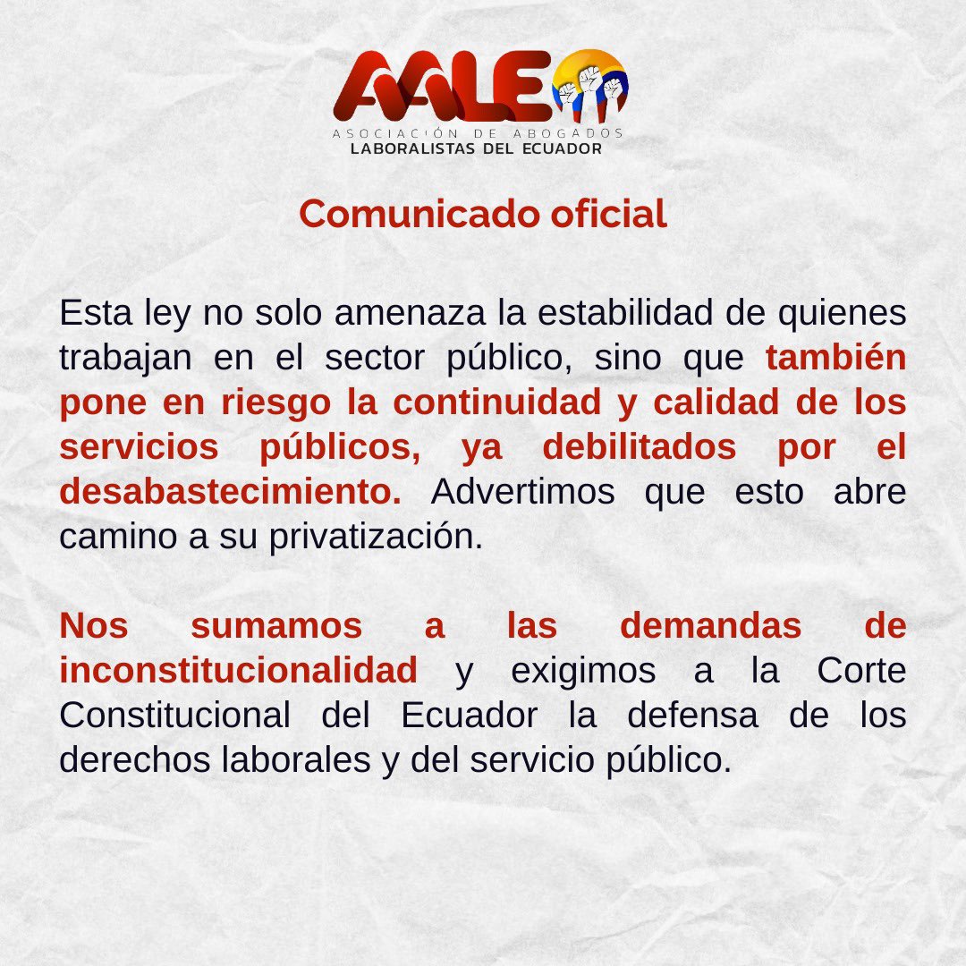 AALE Asociación Abogadas/os Laboralistas Ecuador (@aaleecuador) on Twitter photo 🚨Rechazamos la Ley Orgánica de Integridad Pública, que vulnera derechos laborales del sector público. Exigimos a la <a href="/CorteConstEcu/">Corte Constitucional</a> que actúe en derecho y declare su inconstitucionalidad
¡La integridad no debe ser una pantalla para afectar a las y los trabajadores! 🚨Rechazamos la Ley Orgánica de Integridad Pública, que vulnera derechos laborales del sector público. Exigimos a la <a href="/CorteConstEcu/">Corte Constitucional</a> que actúe en derecho y declare su inconstitucionalidad
¡La integridad no debe ser una pantalla para afectar a las y los trabajadores!