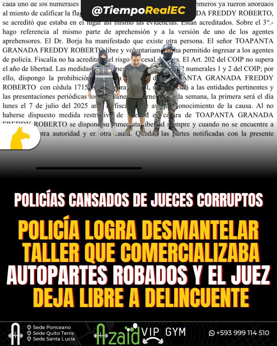 TiempoRealEC's tweet photo. ❌.#ALERTA//

👮‍♂️ De nada vale el trabajo que ejecuta la @PoliciaEcuador para combatir a los delincuentes en el #Ecuador.

👉 Se montó todo un operativo para dar con un taller mecánico, en Quito, donde desmantelaba a los autos robados.

🎯 Aquí se encontró: 

📍 Un auto robado.

📍 70 accesorios y autopartes de vehículos, que no pudieron ser justificados.

❌ Se detuvo al principal sospechoso de llevar adelante este negocio ilícito, Freddy Roberto Toapanta Granada, “quien ha permitido libre y voluntariamente el intenso al taller”, el juez JAVIER ROMERO SALAZAR dispone la inmediata libertad “siempre y cuando no se encuentre a órdenes de otra autoridad y en otra causa”.

👎 Que sigan los delitos que en los juzgados los pillos tienen a sus mejores aliados. @CJudicaturaEc @FiscaliaEcuador 

✳️ #TiempoRealEC #VivimosHistorias