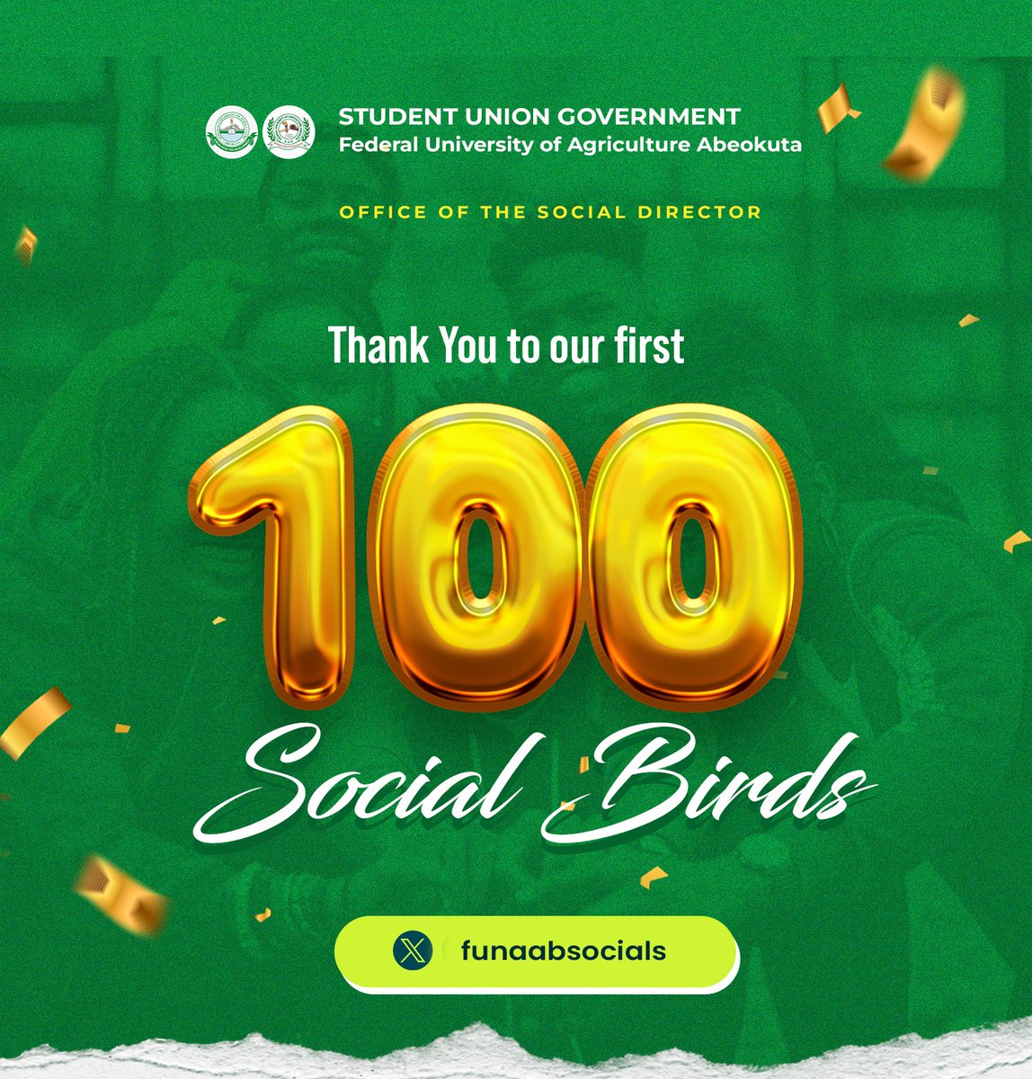 In 40 minutes, 100 social birds joined the movement.

Cheers to the 100 things we'd be doing this month.
Now we are 100 times stronger, bigger and better.

Thank you, FUNAABITES.