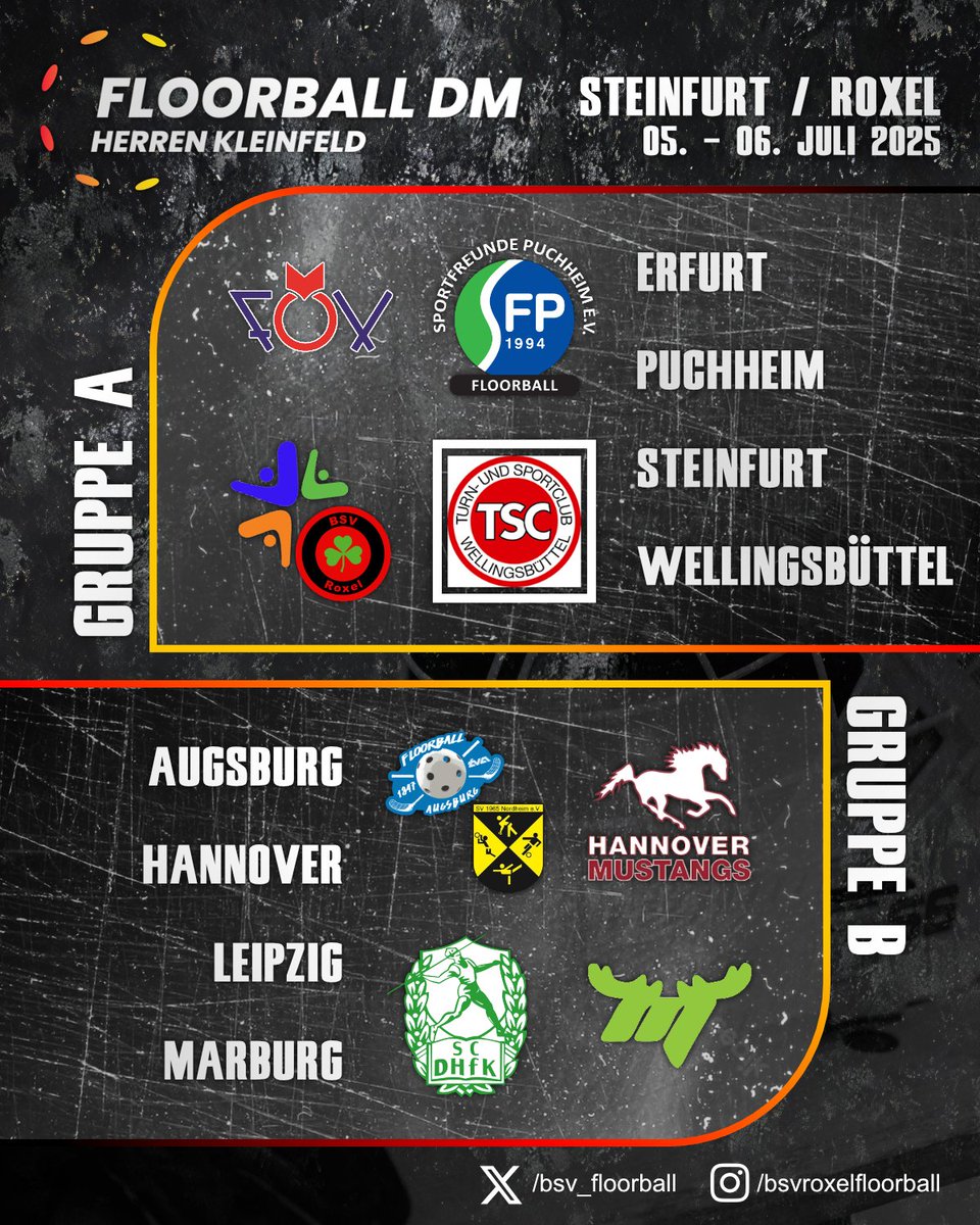 Morgen ist es soweit: die Deutsche Meisterschaft im Herren Kleinfeld. Wir richten sie nicht nur aus, sondern kämpfen als Spielgemeinschaft mit dem FSV Steinfurt auch um Medaillen.
Spielplan: saisonmanager.de/fvd/1777-deuts…

#Floorball #DeutscheMeisterschaft #Muenster #Steinfurt