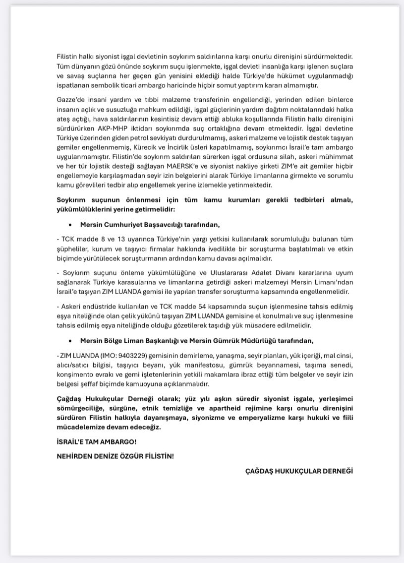 CHDgenelmrkz1's tweet photo. Soykırımcı İsrail’e silah üretimi için endüstriyel çelik malzeme taşıyan ve 6 Temmuz’da Mersin Limanına varması planlanan ZIM LUANDA gemisinin durdurulması ve malzemelerine el konulması için @CHDistanbul_ ve @ChdMersin Şubelerimizin çalışması ile Mersin CBS’ye ihbarda bulunduk. https://t.co/kfhNQbA948