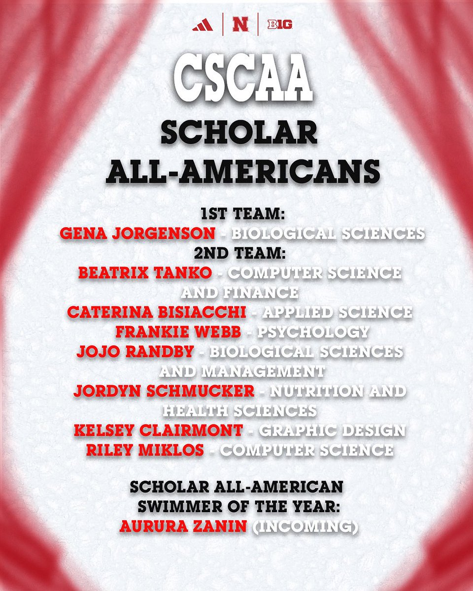 HuskerSwimNDive's tweet image. Racking up the awards 🏆
Congratulations to 8️⃣ of our Huskers for being recognised as CSCAA Scholar All-Americans for the 24/25 season! 🥳
Incoming transfer Aurora Zanin was also recognised as 1 of 8 Scholar All-Americans Swimmers or Divers of the Year, huge congratulations…