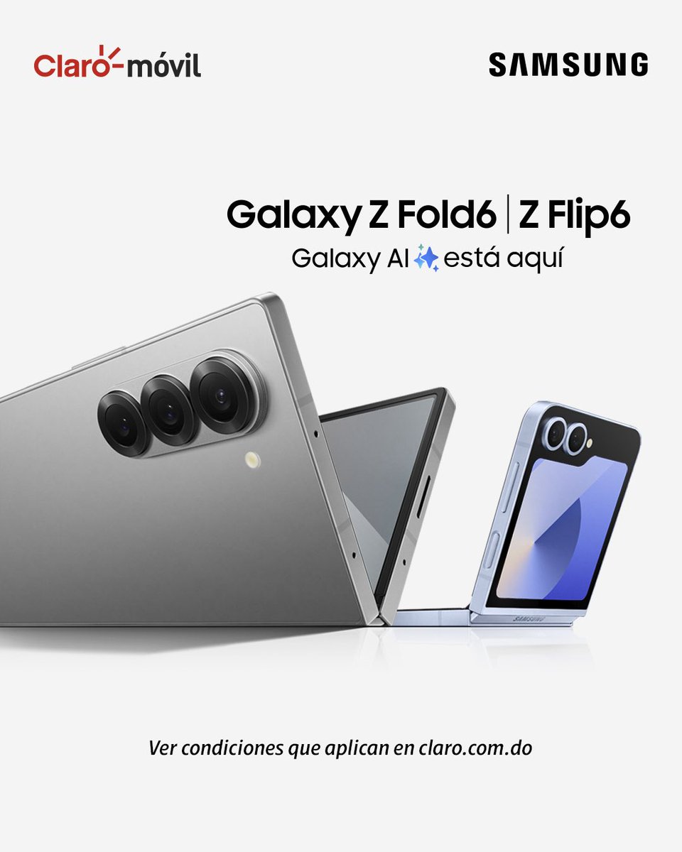 ¡El futuro en tus manos con los nuevos Galaxy Z Fold6 y Z Flip6! 📱💫

📍Disponible en Centros de Atención al Cliente Claro y en claro.com.do

*Ver condiciones que aplican en claro.com.do

#ClaroRD