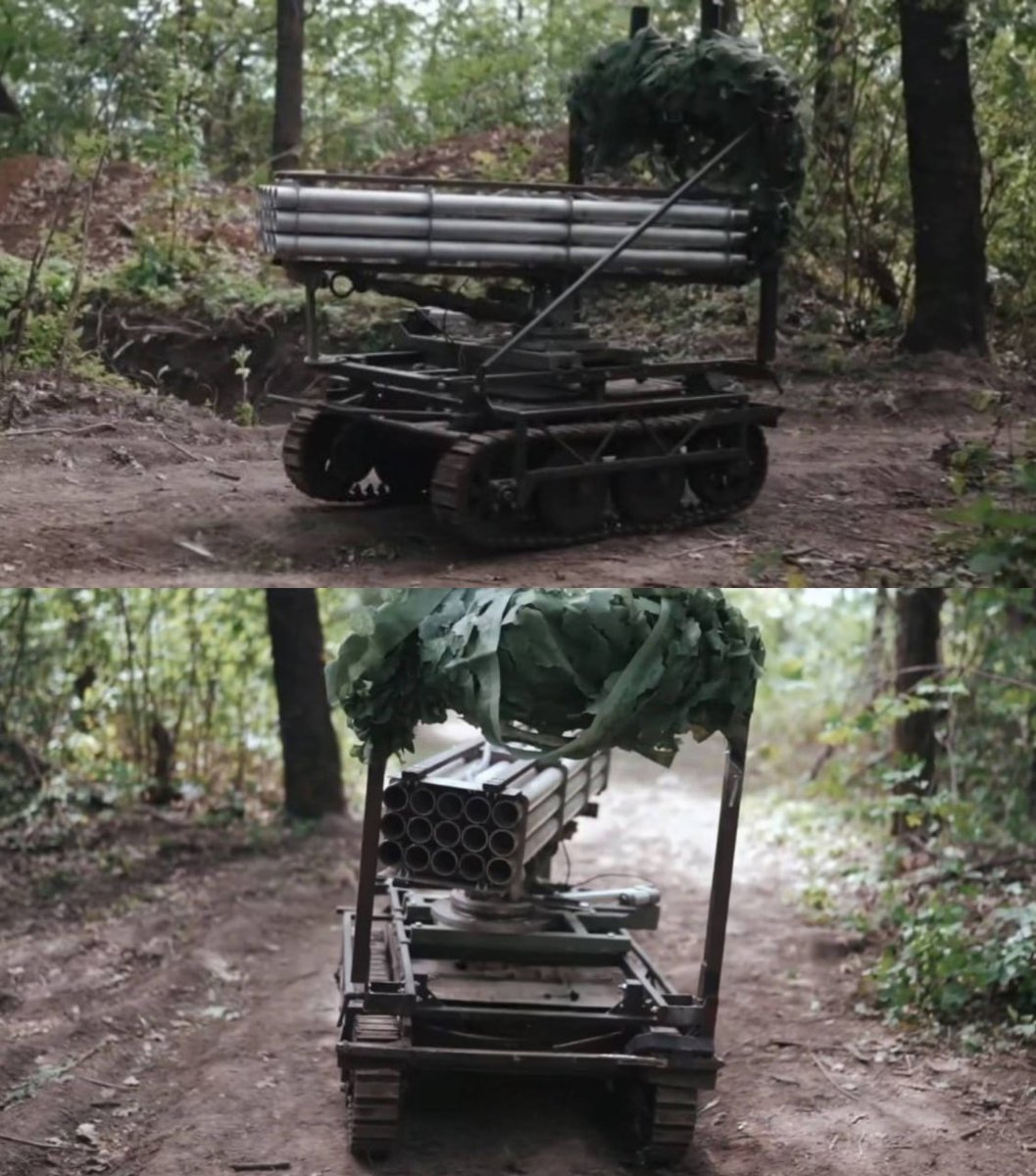 🇺🇦 ground drone with 15 unguided 57-mm S-5 democracy letters installed for invading pest control.