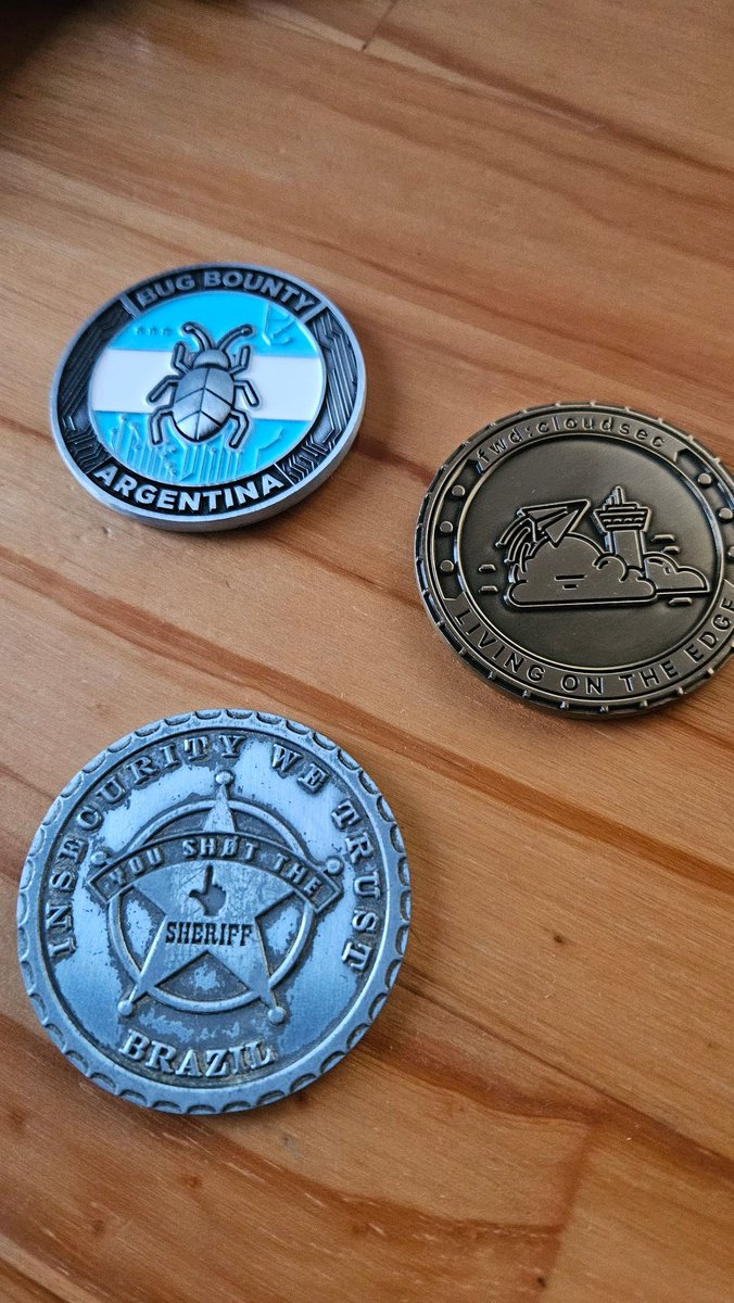 My coin collection from <a href="/fwdcloudsec/">fwd:cloudsec</a> <a href="/ystscon/">you Sh0t the sheriff</a> and <a href="/BugBountyArg/">Bug Bounty Argentina</a>