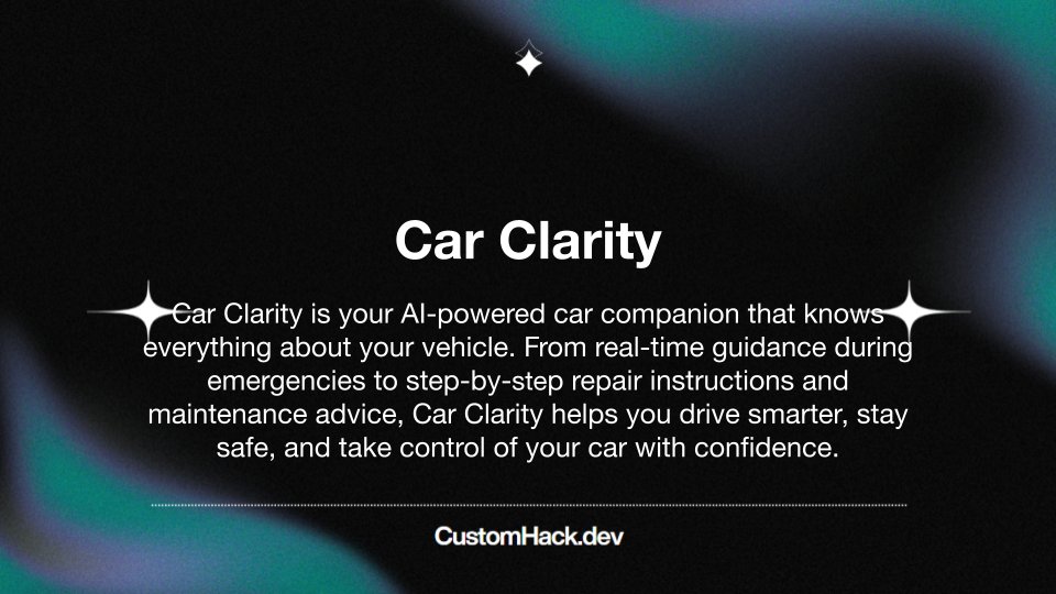 jabezjoshwin's tweet image. 🚗🔧 Going solo in #CustomHack by @lingodotdev!
Building Car Clarity — your car’s new AI bestie (because Googling “weird noise under hood” at 2AM isn’t it).
It knows your ride better than you do. Let’s fix stuff. 😎💥