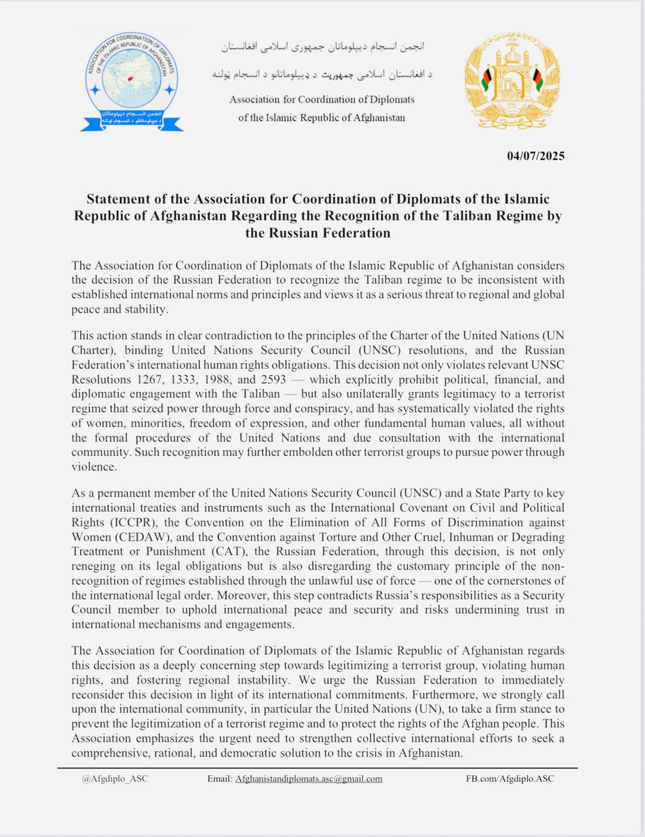 Afgdiplo_ASC's tweet image. Statement of the Association for Coordination of Diplomats of the Islamic Republic of Afghanistan Regarding the Recognition of the Taliban Regime by the Russian Federation @mfa_russia @UN_Spokesperson 

July 4, 2025