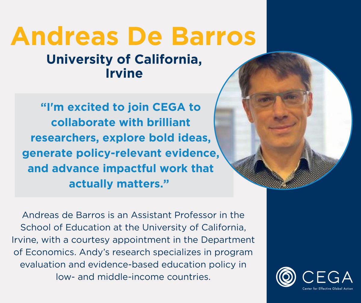 CEGA_UC's tweet image. 🎉 CEGA is excited to introduce @andydebarros, our newest faculty affiliate! Read what Andreas is looking forward to as he joins CEGA’s network of researchers.