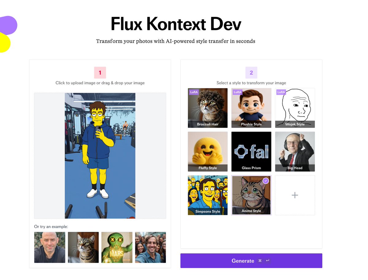 noah (@noahgsolomon) on Twitter photo Go try the most fun Flux Kontext LoRA's trained on <a href="/FAL/">fal</a> on our free demo:
fal-kontext-demo.vercel.app
Fork the template: github.com/fal-ai-communi…
I'm giving out $100 in credits to the best apps built from this template 😼 Go try the most fun Flux Kontext LoRA's trained on <a href="/FAL/">fal</a> on our free demo:
fal-kontext-demo.vercel.app
Fork the template: github.com/fal-ai-communi…
I'm giving out $100 in credits to the best apps built from this template 😼
