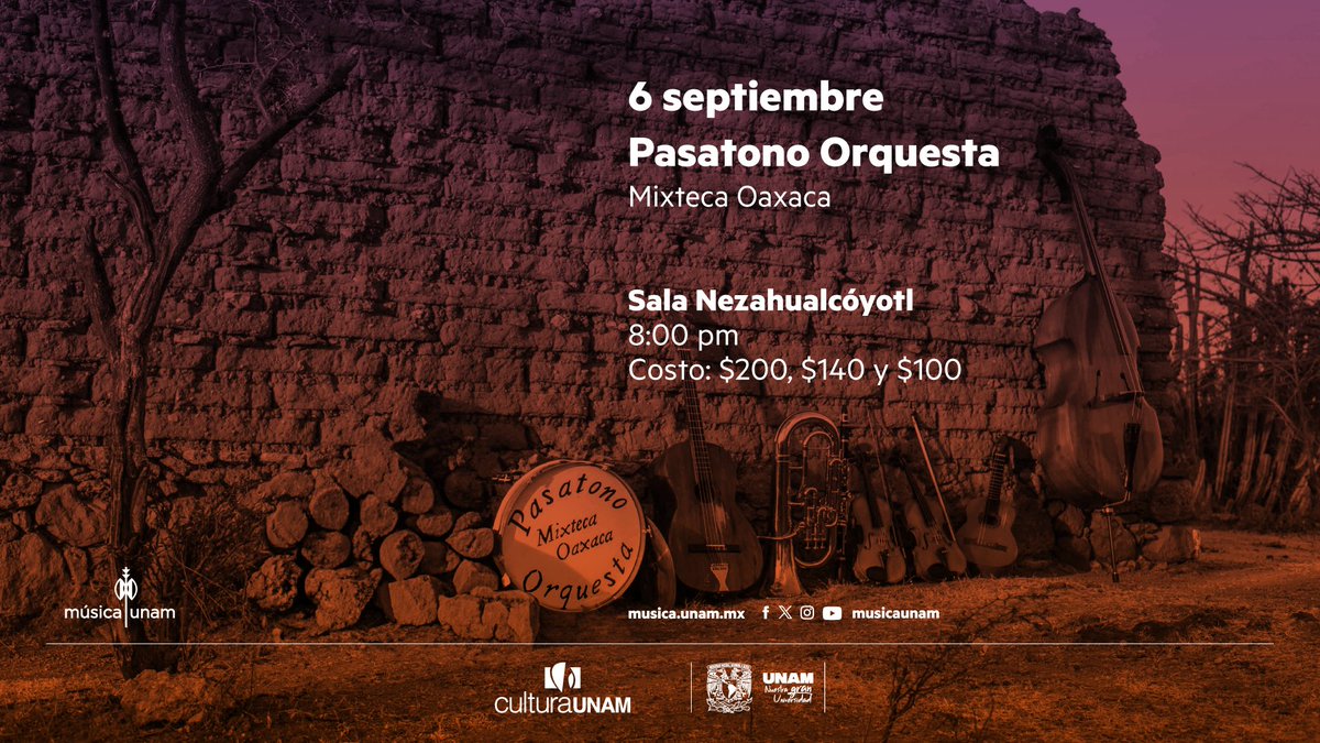 ¡Pasatono Orquesta llega a la Sala Nezahualcóyotl! 
El ensamble se ha dedicado a la investigación, interpretación y creación de música vinculada con las tradiciones de Oaxaca, evocando a las viejas agrupaciones de cuerdas, alientos y percusiones.

Sábado 6 septiembre | Sala