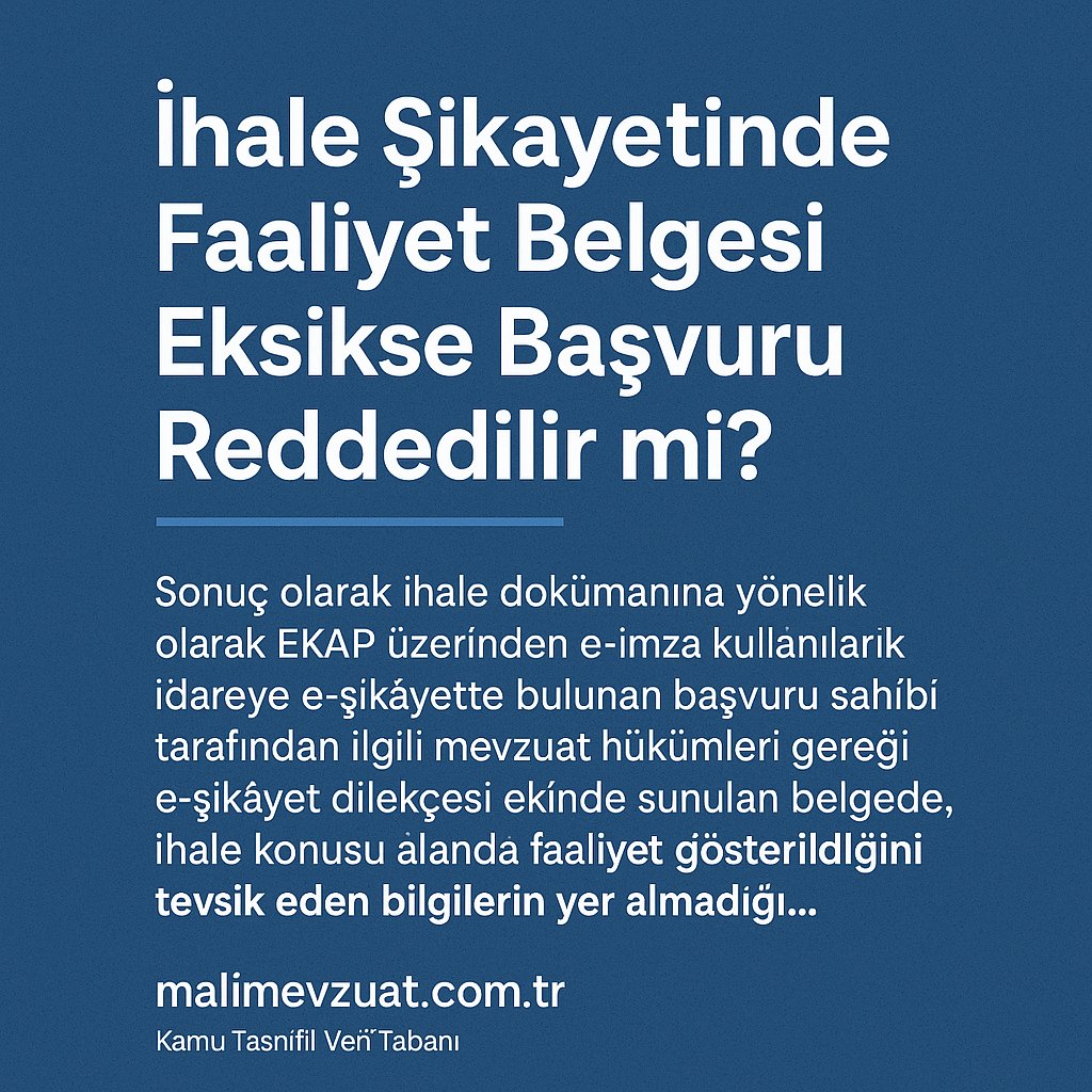 🛑 Elektronik ihale şikayetinde kritik detay: Faaliyet belgesi sunmadıysanız başvurunuz reddedilebilir!
Kamu İhale Kurulu, EKAP üzerinden yapılan başvuruda faaliyet alanını belgeleyemeyen firmanın başvurusunu şekil yönünden reddetti.

malimevzuat.com.tr/ihale-sikayeti…