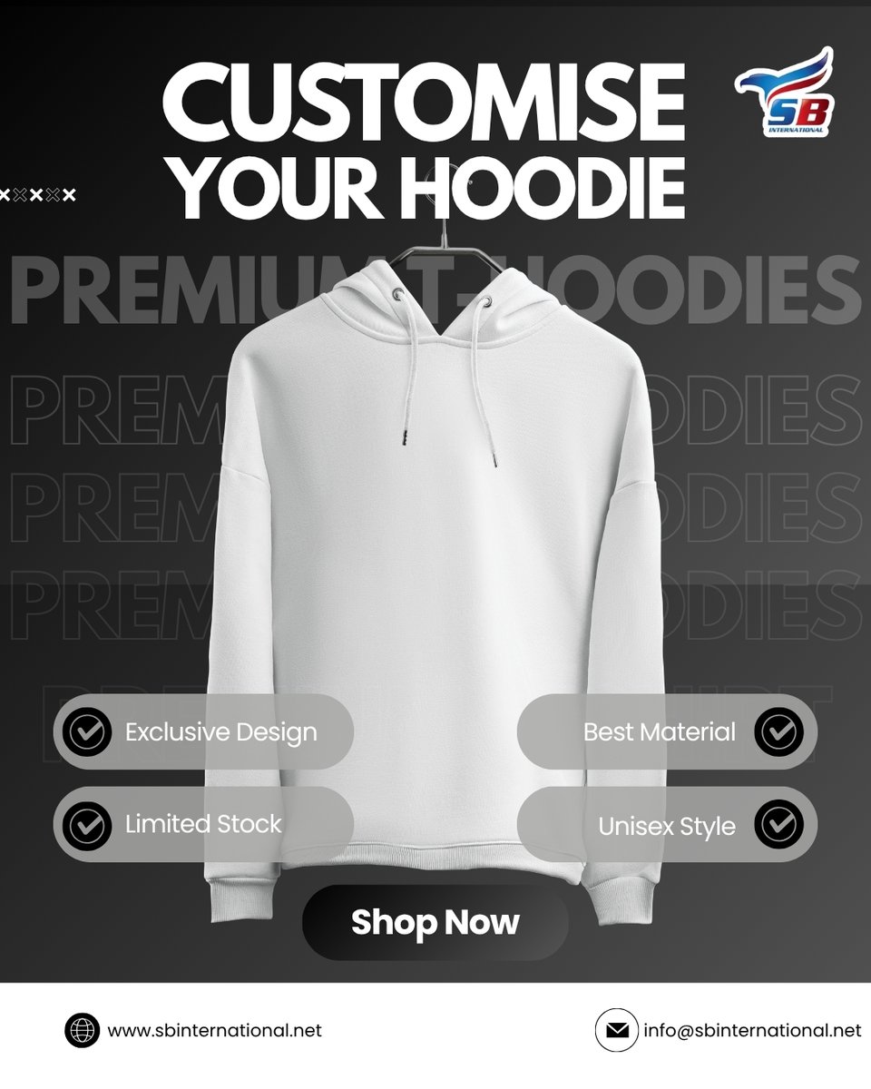As manufacturers, we're proud to bring you our premium custom hoodies at Studio Shodwe by SB International! 🧵 Experience the difference of exclusive designs, the best materials, and a comfortable unisex style, all crafted by us. Limited stock – shop now! 👇#SBInternational