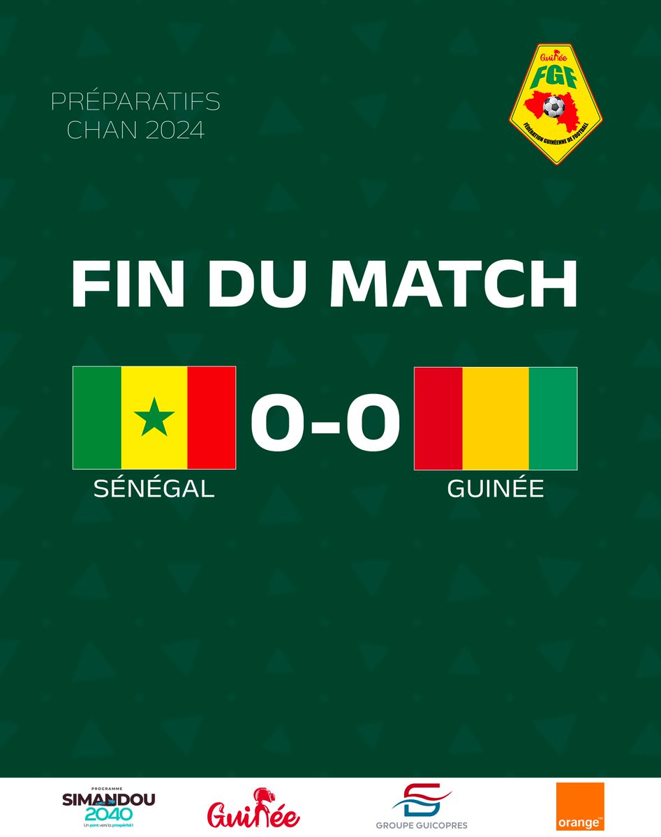 fgfofficiel's tweet photo. 𝗧𝗘𝗥𝗠𝗜𝗡𝗘́ I Sénégal 🇸🇳0⃣-0⃣🇬🇳 Guinée
L'arbitre siffle la fin de la rencontre amicale. Le Sénégal et la Guinée se quittent dos à dos.
#FGF | #SENGUI | #GbinGbinSo https://t.co/Z4gtpLIRxU