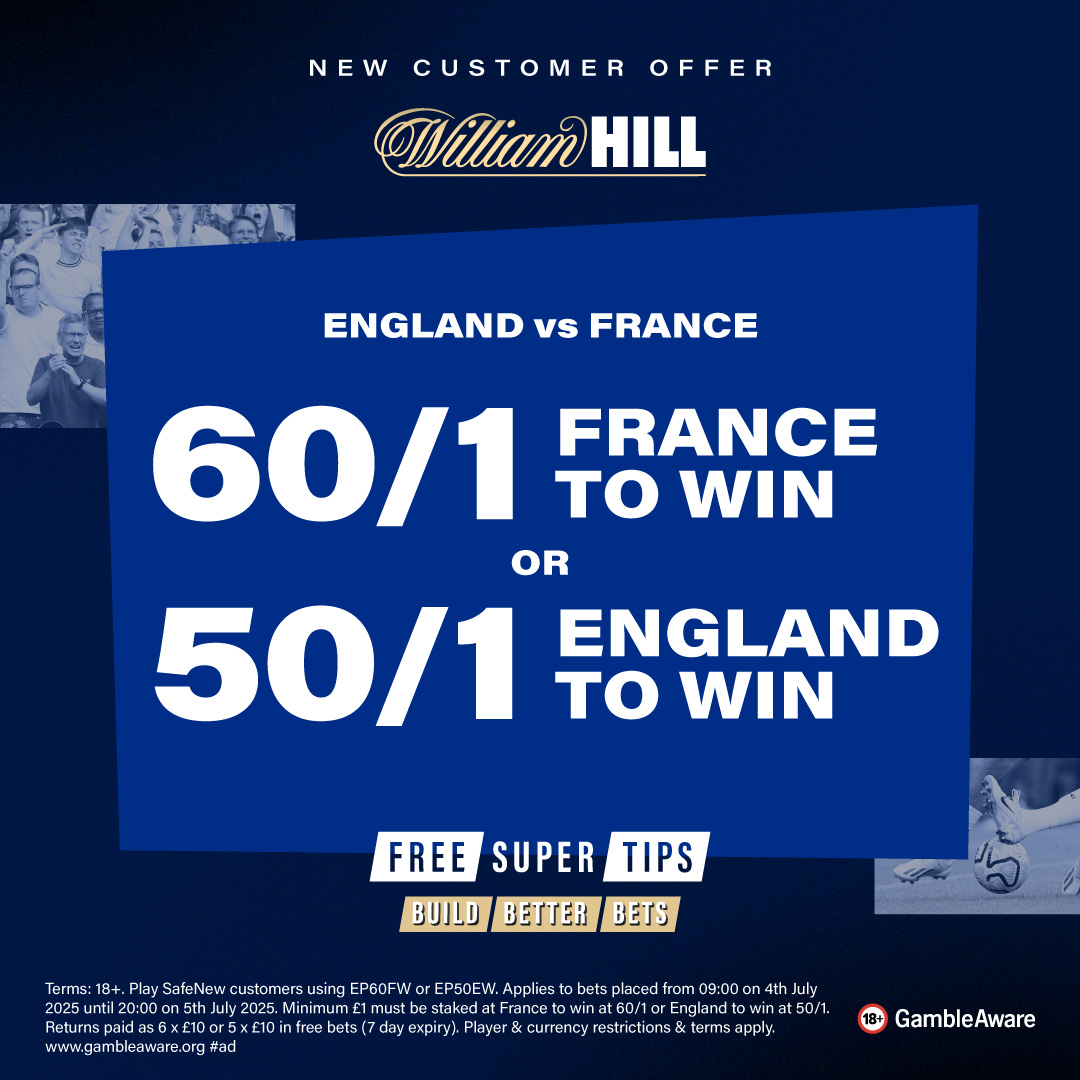 England vs. France in the Women's Euros tomorrow!

New customer offer from William Hill:

Get 60/1 on France to win 🇫🇷 or 50/1 on England to win 🏴󠁧󠁢󠁥󠁮󠁧󠁿

Winnings paid as free bets. Terms Apply. 18+. GambleAware. Claim here 👇
campaigns.williamhill.com/C.ashx?btag=a_…