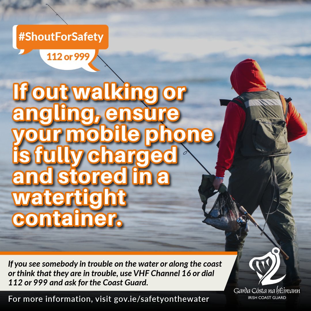 IrishCoastGuard's tweet image. 📱💦 Near water this weekend?

Keep your phone:
✅ Charged
✅ In a watertight container

In an emergency, call 999 or 112 and ask for the Coast Guard.
A working phone helps emergency services reach you faster.

#ShoutForSafety #WaterSafety #IrishCoastGuard