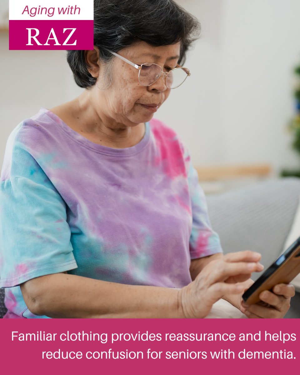 Encourage your loved one to wear clothing that feels familiar and comfortable. 

Favorite sweaters, familiar textures, or soft materials can bring a sense of reassurance and reduce confusion when getting dressed, especially for seniors with dementia.

#AgingWithRAZ #DementiaCare