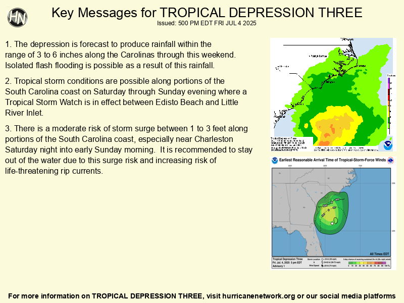 5 PM ET Advisory on T.D. #Three: TROPICAL DEPRESSION THREE FORMS OFF THE COAST OF GEORGIA, RISK OF TROPICAL STORM CONDITIONS FOR SOUTH CAROLINA INCREASING.

A Tropical Storm Watch is now in effect between Edisto Beach to Little River Inlet. 

More: thnlink.com #SCwx