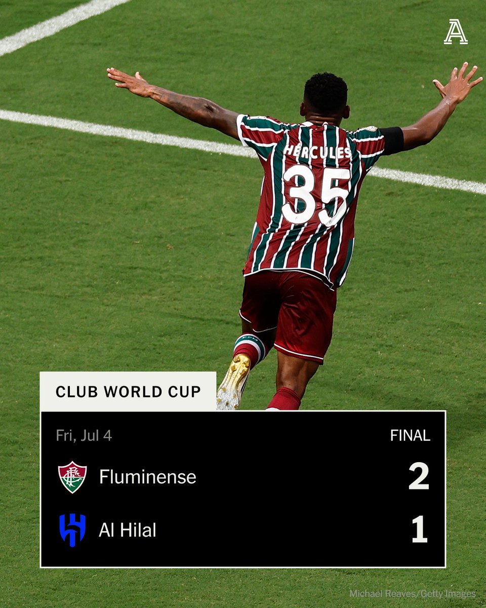 TheAthleticFC's tweet photo. Fluminense beat Simone Inzaghi's Al Hilal and become the first team to reach the 2025 Club World Cup semi-finals.

They will face Chelsea or Palmeiras. https://t.co/H47r3AN64Q