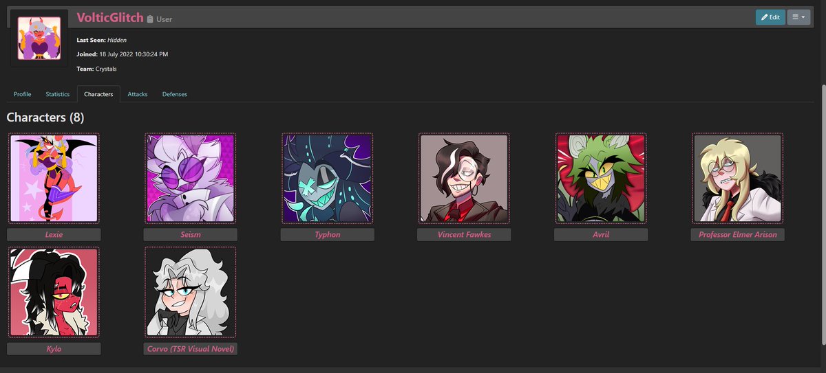 TSRVisualNovel's tweet image. artfight.net/~VolticGlitch
Put Corvo, Vince & Elmer as characters on artfight!
We've already had one attack on Vince which has made me so happy ;w;