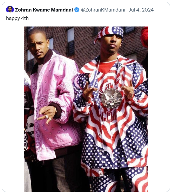Zohran annually would share dismissive stuff about 9/11 on July Fourth, but skipped it this year

The shared image is of The Diplomats, who after 9/11 released a song saying “I ain't mad that the Towers fell. I'm mad the coke price went up, and this crack won't sell.”
